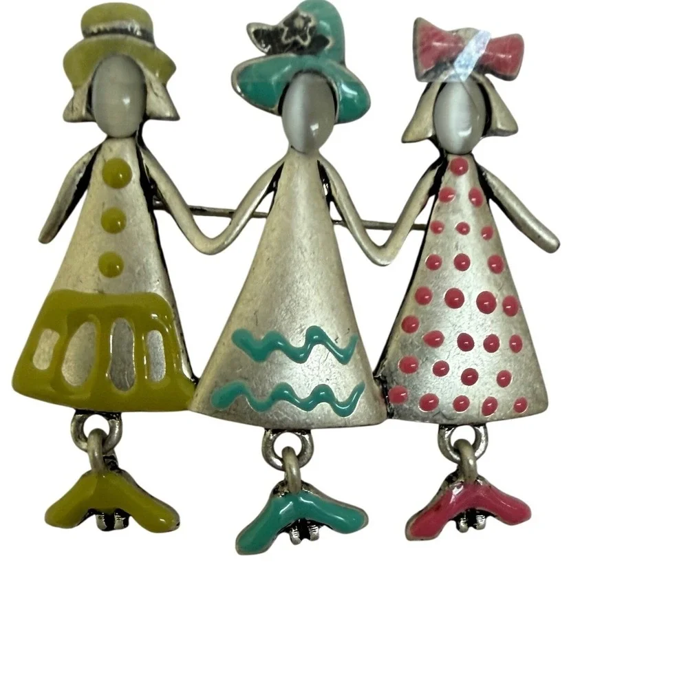 OTC Silver Tone Enamel Three Friends Holding Hands Brooch Whimsical BFF Kitsch